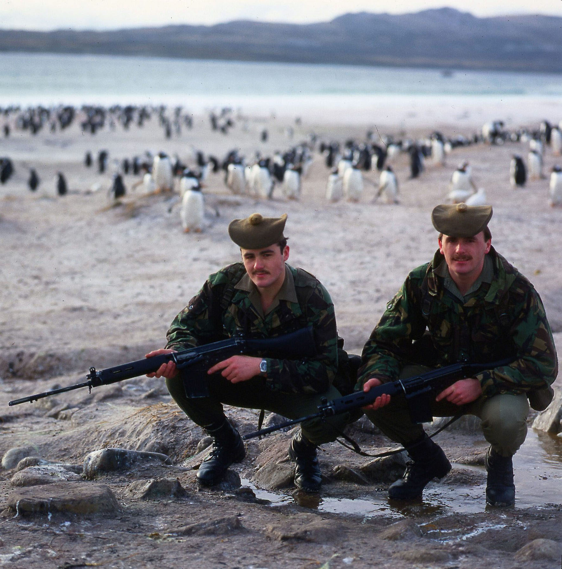 Falklands War 1982 Scottish soldiers who form part of the garrison left to gaurd the Islands after the war pose on a beach with