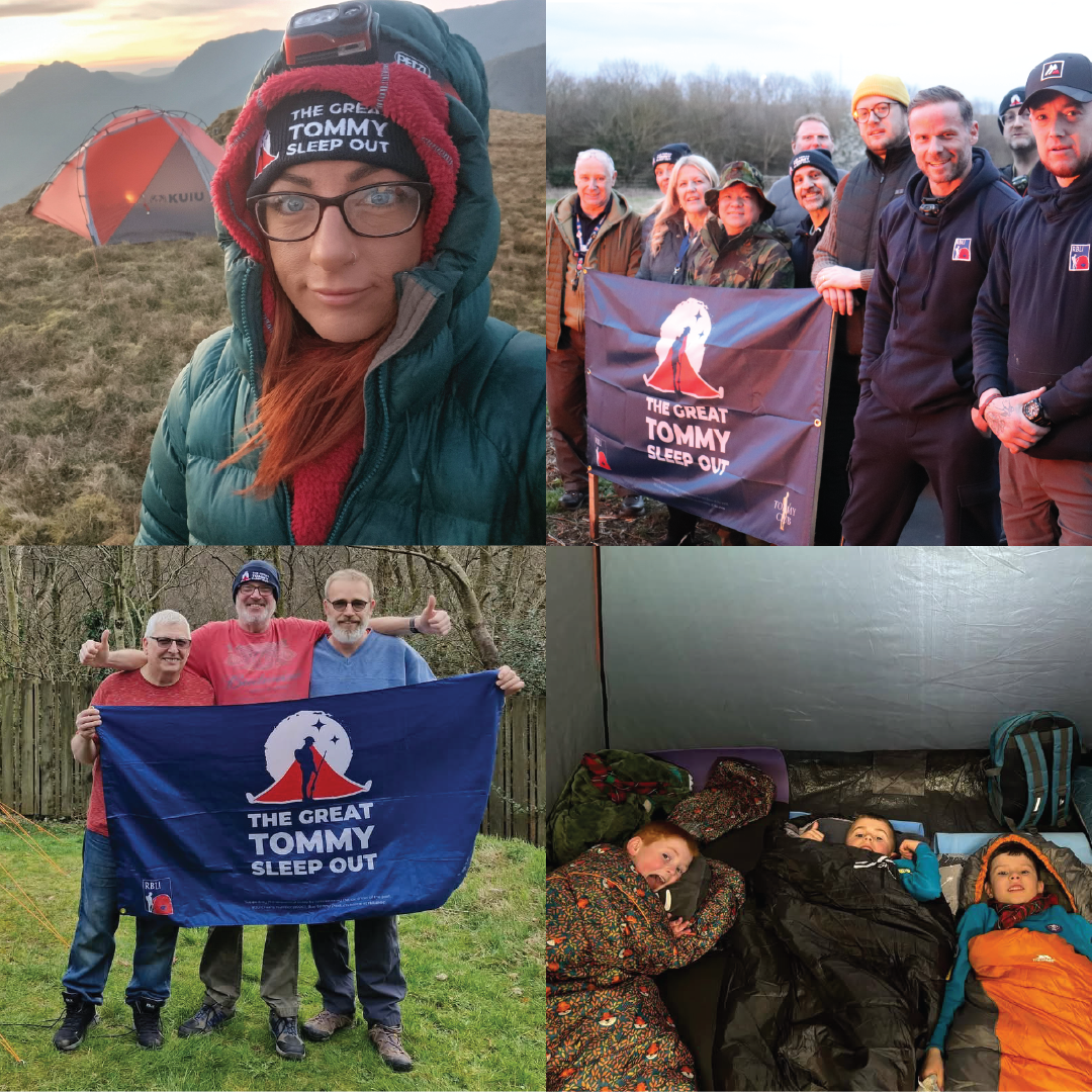 a collage of photos with participants taking part in the Great Tommy Sleepout